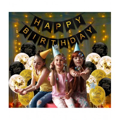 Party propz Happy Birthday Decoration Kit -17Pcs Black Bunting, HBD Printed Balloons with Led Light Birthday Decorations Items for Bday Lights Combo Pack Set, Husband,Wife, First, 2nd,30th,40th,50th Theme