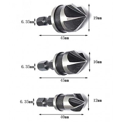 Pindia 3PC Countersink Bore Chamfer Bit Set 12mm 16mm 19mm. 1/4'' Hex Shank Countersink Drill Bit for Wood Metal Quick Change Bit.