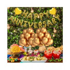 Pixelfox Happy Anniversary (16 Gold Foil Letters)  + 2 Gold Heart + 30 Metallic Balloons (Gold)