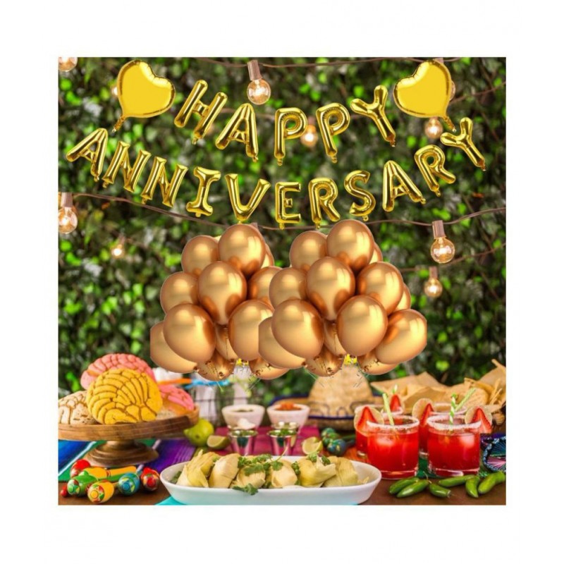 Pixelfox Happy Anniversary (16 Gold Foil Letters)  + 2 Gold Heart + 30 Metallic Balloons (Gold)