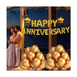 Pixelfox Happy Anniversary (16 Gold Foil Letters)  + 2 Gold Star + 30 Metallic Balloons (Gold)