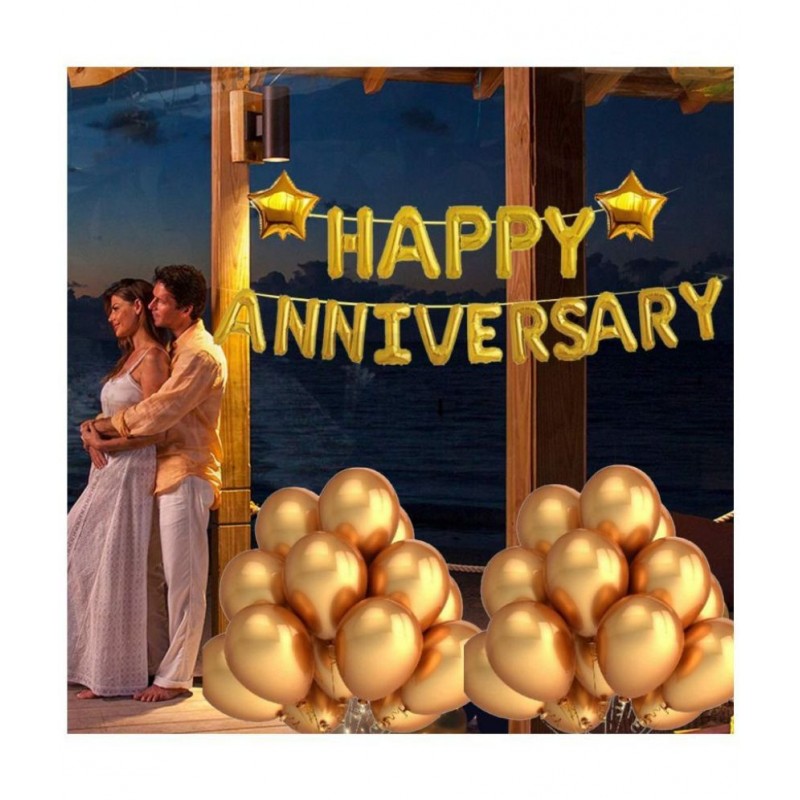 Pixelfox Happy Anniversary (16 Gold Foil Letters)  + 2 Gold Star + 30 Metallic Balloons (Gold)