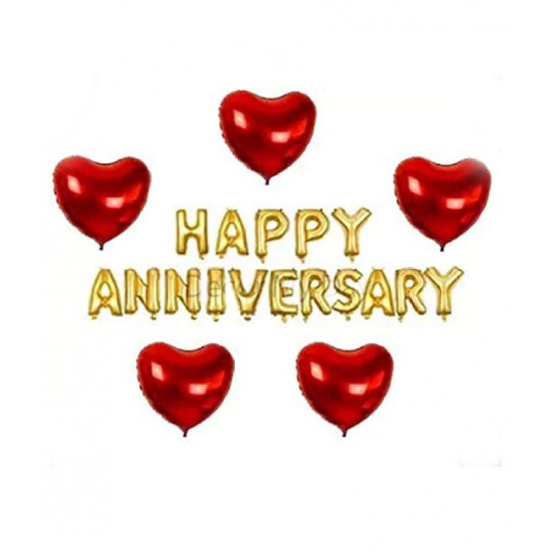 Pixelfox Happy Anniversary (16 Gold Foil Letters)  + 5 Red Heart Foil