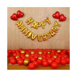 Pixelfox Happy Anniversary (16 Gold Foil Letters) + 4 Red Heart + 30 Metallic Balloons Combo (Red , Gold)