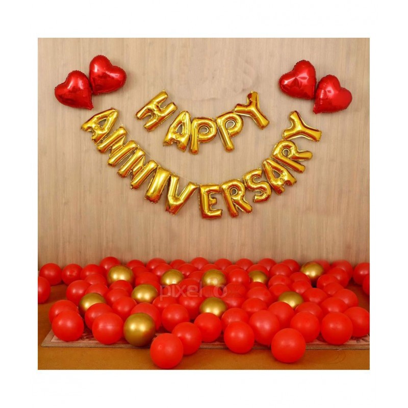 Pixelfox Happy Anniversary (16 Gold Foil Letters) + 4 Red Heart + 30 Metallic Balloons Combo (Red , Gold)