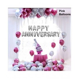 Pixelfox Happy Anniversary (16 Silver Foil Letters) + 1 Pink Bottle + 30 Metallic Balloons Combo (Silver , Pink) for happy birthday decoration item, birthday decoration kit, birthday balloon decoration combo for husband and Wife.