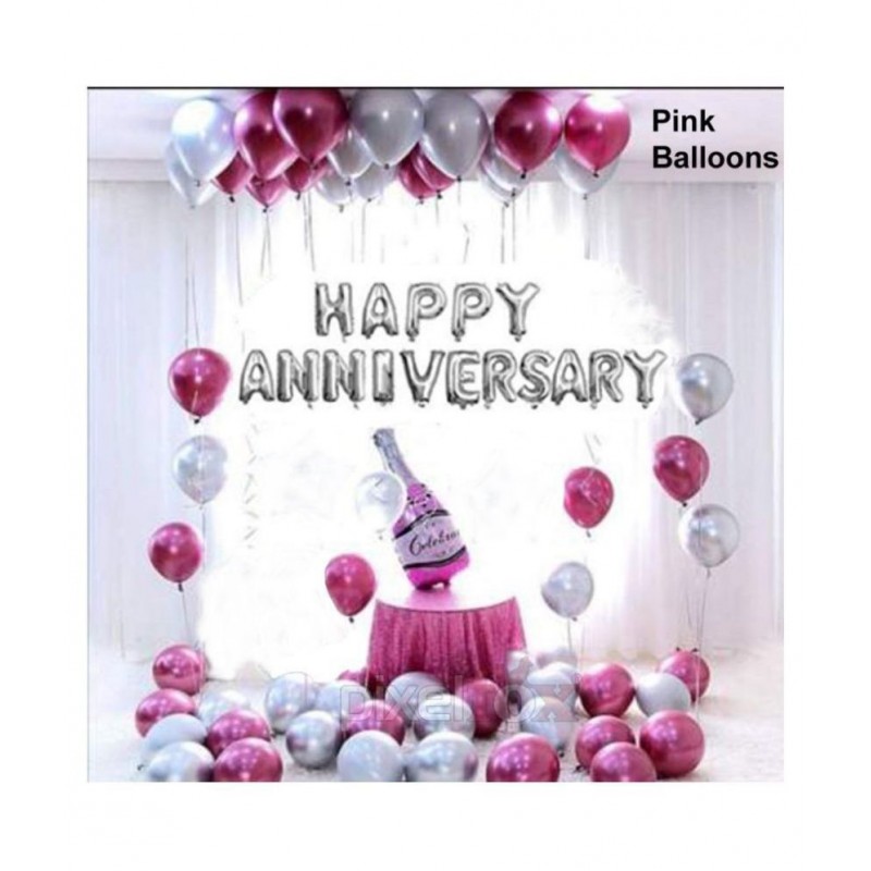 Pixelfox Happy Anniversary (16 Silver Foil Letters) + 1 Pink Bottle + 30 Metallic Balloons Combo (Silver , Pink) for happy birthday decoration item, birthday decoration kit, birthday balloon decoration combo for husband and Wife.