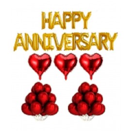 Pixelfox Happy Anniversary Foil Letters Balloons (Golden) + 3 Red Heart Foil Balloons + 30 Red Colour Balloons