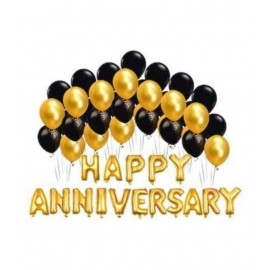 Pixelfox Happy Anniversary Foil Letters Balloons (Golden) + Pack of 30 Party Decoration Balloons(Black, Gold)