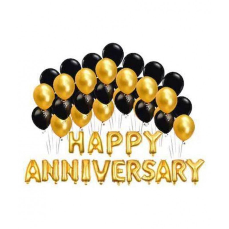 Pixelfox Happy Anniversary Foil Letters Balloons (Golden) + Pack of 30 Party Decoration Balloons(Black, Gold)