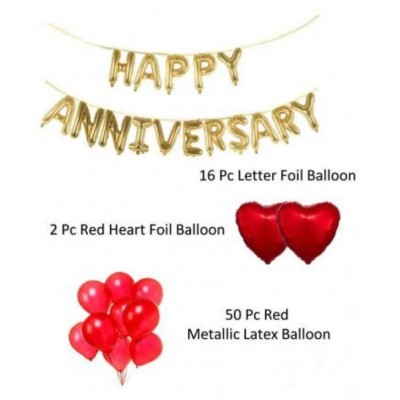 Pixelfox Happy Anniversary Letters Foil Balloons (Golden) + 2 Red Heart Foil Balloons + 50 Red Party Decorations Balloons