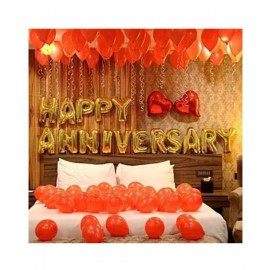 Pixelfox Happy Anniversary Letters Foil Balloons (Golden) + 2 Red Heart Foil Balloons + 50 Red Party Decorations Balloons