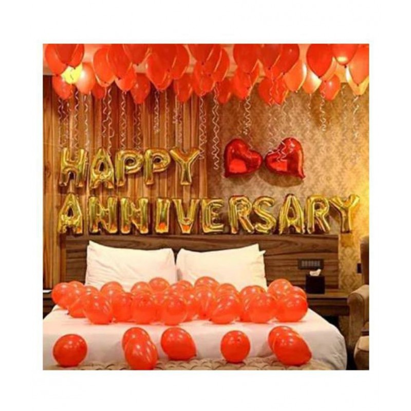 Pixelfox Happy Anniversary Letters Foil Balloons (Golden) + 2 Red Heart Foil Balloons + 50 Red Party Decorations Balloons