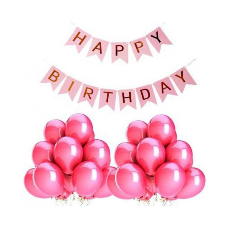 Pixelfox Happy Birthday Banner (PINK-GOLD) + 50 pcs Metallic Balloons