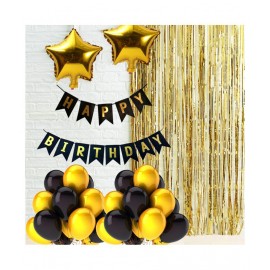 Pixelfox Happy Birthday Black Banner+ 2 Curtain (Golden)+ 2 Star (10 Inchs)(Golden)+ 30 pcs Balloons (Golden,Black)  for happy birthday decoration item, birthday decoration kit, birthday balloon decoration combo for Boys, Girls, Kids, husband and Wif