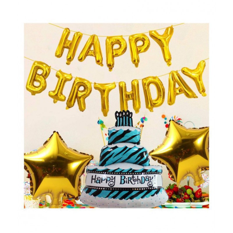 Pixelfox Happy Birthday Golden Foil Balloons+ 1 Cake Foil + 2 Stars Foil