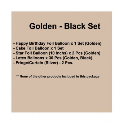 Pixelfox Happy Birthday Golden Foil(16 Inch) + 1 Cake Foil + 2 Stars Foil (10 Inchs)(Golden)+ 2 Curtain (Silver)+ 30 Balloons (Golden, Black) for  birthday decoration kit, birthday balloon decoration combo for Boys, Girls, Kids, husband and Wife.