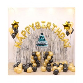 Pixelfox Happy Birthday Golden Foil(16 Inch) + 1 Cake Foil + 2 Stars Foil (10 Inchs)(Golden)+ 2 Curtain (Silver)+ 30 Balloons (Golden, Black) for  birthday decoration kit, birthday balloon decoration combo for Boys, Girls, Kids, husband and Wife.