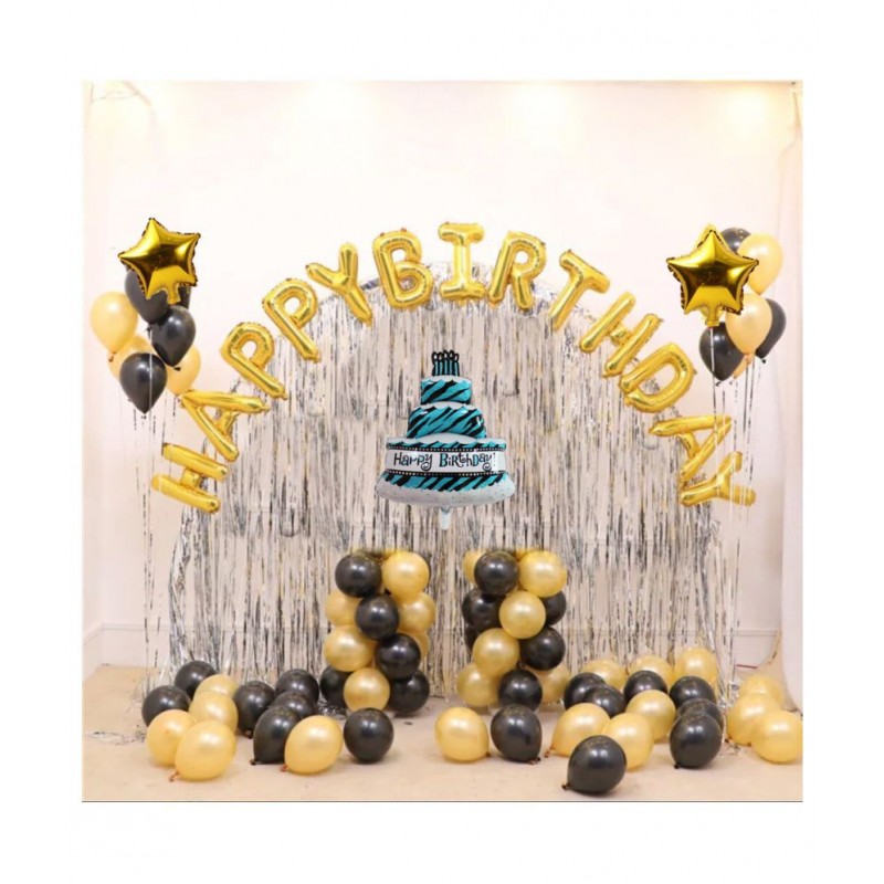 Pixelfox Happy Birthday Golden Foil(16 Inch) + 1 Cake Foil + 2 Stars Foil (10 Inchs)(Golden)+ 2 Curtain (Silver)+ 30 Balloons (Golden, Black) for  birthday decoration kit, birthday balloon decoration combo for Boys, Girls, Kids, husband and Wife.