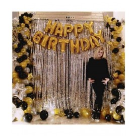 Pixelfox Happy Birthday Golden Foil(16 inch) + 2 Pcs Silver Fringe Curtain(3 X 6 Feet) + 30 pcs Metallic Balloons (Black,Gold,Silver)(12 Inch)