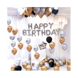 Pixelfox Happy Birthday Letter Foil Balloon Set of Silver + Pack of 30 HD Metallic Balloons (Gold, Black and Silver) + 1 Silver Star (10 inch)