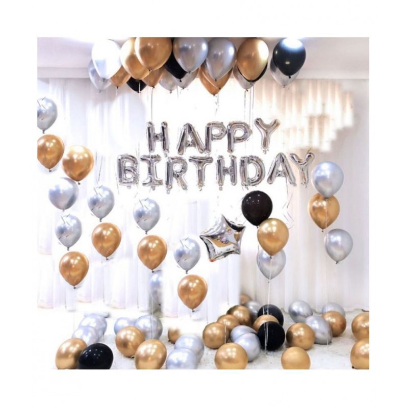 Pixelfox Happy Birthday Letter Foil Balloon Set of Silver + Pack of 30 HD Metallic Balloons (Gold, Black and Silver) + 1 Silver Star (10 inch)