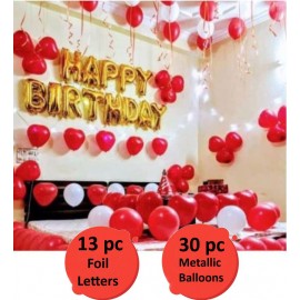 Pixelfox Happy Birthday Letters Foil Balloons 13 Pc (Gold) + Pack of 30 Party Decoration Balloons(Red, Red Heart & White)