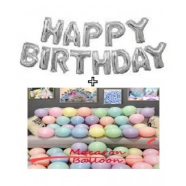 Pixelfox Happy Birthday Letters Foil Balloons Set of 13 Pcs (Silver) + Pack of 30 Pastel Colours Party Decoration Balloons (Multicolour)