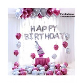 Pixelfox Happy Birthday Silver Foil + 1 Pink Bottle+ 30 pcs Metallic Balloons (Silver, Pink)
