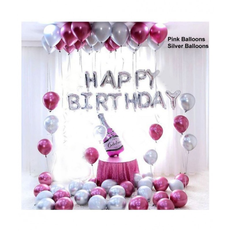 Pixelfox Happy Birthday Silver Foil + 1 Pink Bottle+ 30 pcs Metallic Balloons (Silver, Pink)