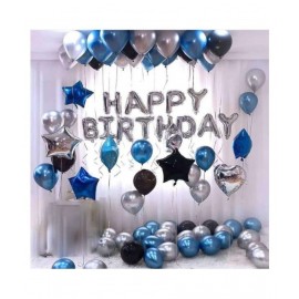 Pixelfox Happy Birthday Silver Foil Balloon (13 Letters)+ 30 Metallic Balloons (Black, Blue, Silver) For Birthday Party for happy birthday decoration item, birthday decoration kit, birthday balloon decoration combo for Boys, Girls, Kids, husband and 