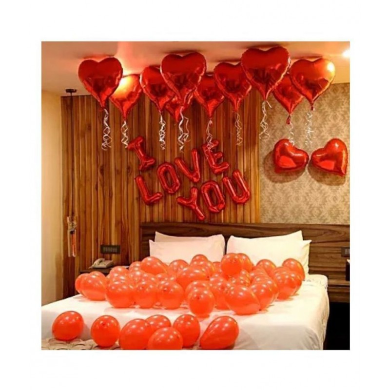 Pixelfox "I LOVE YOU" Letters Foil Balloons (Red) + 2 Red Heart Foil Balloons + 30 Red Party Decorations Balloons for happy birthday decoration item, birthday decoration kit, birthday balloon decoration combo for Boys, Girls, Kids, husband 