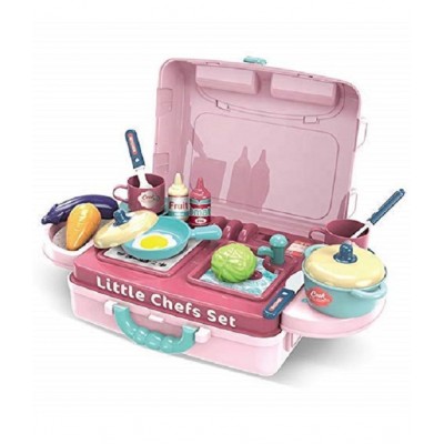 Pretend Play Realistic 2 in 1 Portable Plastic Mini Kitchen Cooking Play Set with Dessert Food for Boys and Girls - Multicolour
