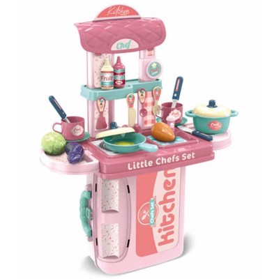 Pretend Play Realistic 2 in 1 Portable Plastic Mini Kitchen Cooking Play Set with Dessert Food for Boys and Girls - Multicolour