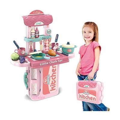 Pretend Play Realistic 2 in 1 Portable Plastic Mini Kitchen Cooking Play Set with Dessert Food for Boys and Girls - Multicolour