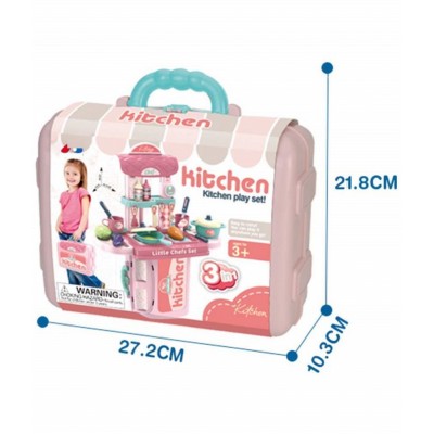 Pretend Play Realistic 2 in 1 Portable Plastic Mini Kitchen Cooking Play Set with Dessert Food for Boys and Girls - Multicolour