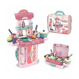 Pretend Play Realistic 2 in 1 Portable Plastic Mini Kitchen Cooking Play Set with Dessert Food for Boys and Girls - Multicolour