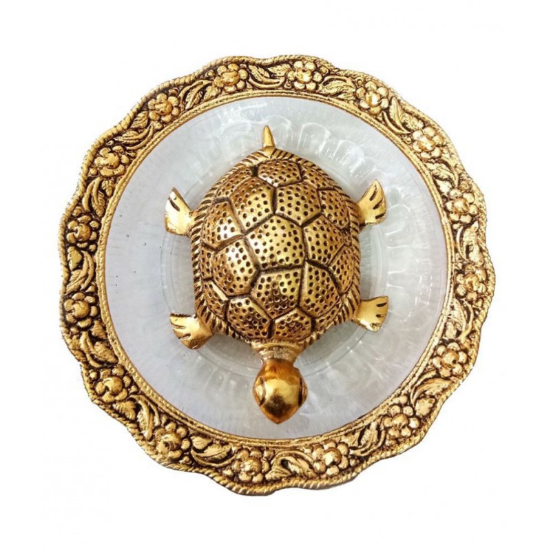 PrettyKrafts Feng Shui Tortoise on Plate for Good Luck Handicraft Showpiece (Kachhua/Turtle with Glass Plate for Vastu) (Color: Copper, Diameter: 5.5 inch)