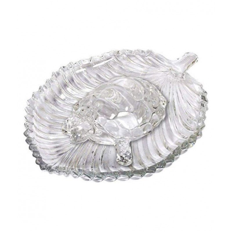 PrettyKrafts Glass Turtle Tortoise with Leaf Plate for Good Luck & Wealth Creation for Feng Shui and Vastu Best Gift (Large)