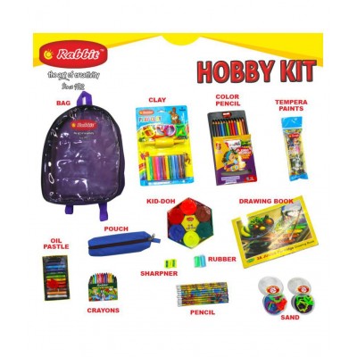 RABBIT Hobby Kit Bag for Kids|Play Doh Clay|Art Kit|HOBBY Stationery for Kids|Art Drawing Kit|12 Color Oil Pastels Wax Colors Color Pencils|Celebration Kit|Play Sand for Kids|HOBBY Bag of assorted Stationery|Drawing Book|Art Craft Kit|For 3+ Age
