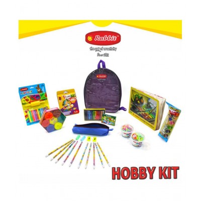 RABBIT Hobby Kit Bag for Kids|Play Doh Clay|Art Kit|HOBBY Stationery for Kids|Art Drawing Kit|12 Color Oil Pastels Wax Colors Color Pencils|Celebration Kit|Play Sand for Kids|HOBBY Bag of assorted Stationery|Drawing Book|Art Craft Kit|For 3+ Age