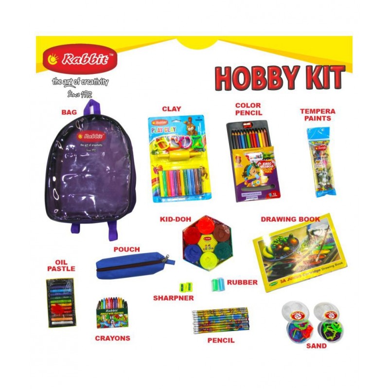 RABBIT Hobby Kit Bag for Kids|Play Doh Clay|Art Kit|HOBBY Stationery for Kids|Art Drawing Kit|12 Color Oil Pastels Wax Colors Color Pencils|Celebration Kit|Play Sand for Kids|HOBBY Bag of assorted Stationery|Drawing Book|Art Craft Kit|For 3+ Age
