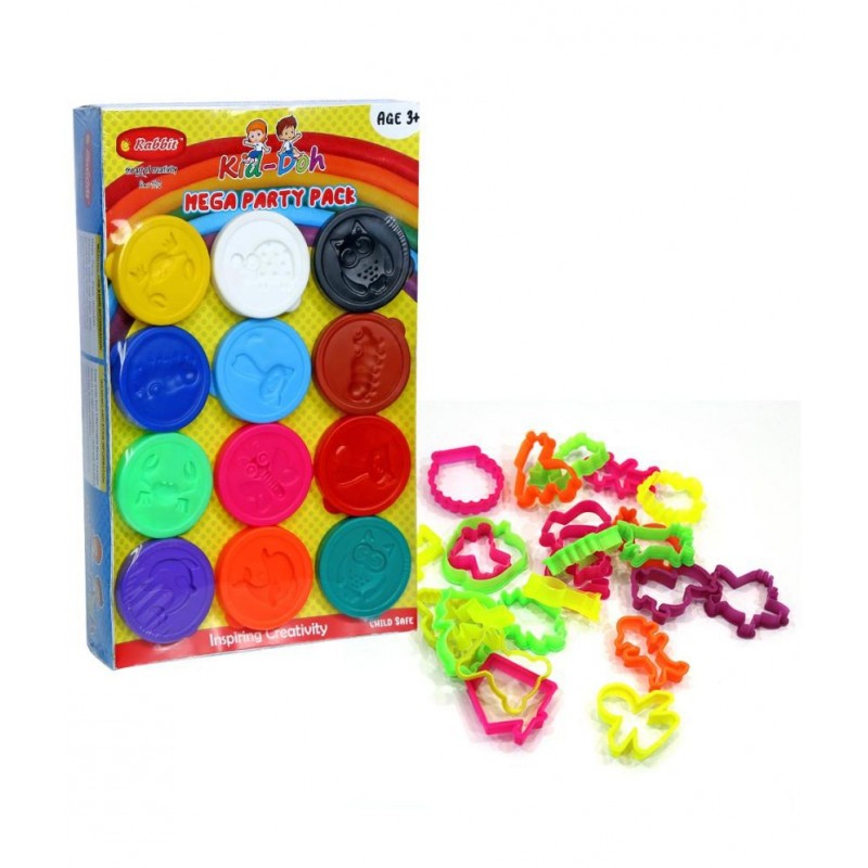 RABBIT Mega Joy Pack 12 Colors for Kids+24 Molding Toy | Dough Factory for Boys Girls | 12 CAP Moulds| Modelling Dough | Dough for kids with Moulds |Activity Set | Dough Kids Play | Multicolor | Ideal for 3+