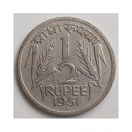 RARE &  COLLECTIBLE: REPUBLIC INDIA'S  YEAR *1951* MINT OF HALF RUPEE COIN, IN VERY FINE CONDITION