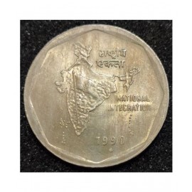 RARE  2 RUPEES 1990 NATIONAL INTEGRATION BIG SIZE  GEM FOR COLLECTORS GOOD CONDITION