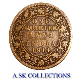 RARE ONE QUARTER ANNA YEAR 1914 GEORGE V KING EMPEROR FOR COLLECTION