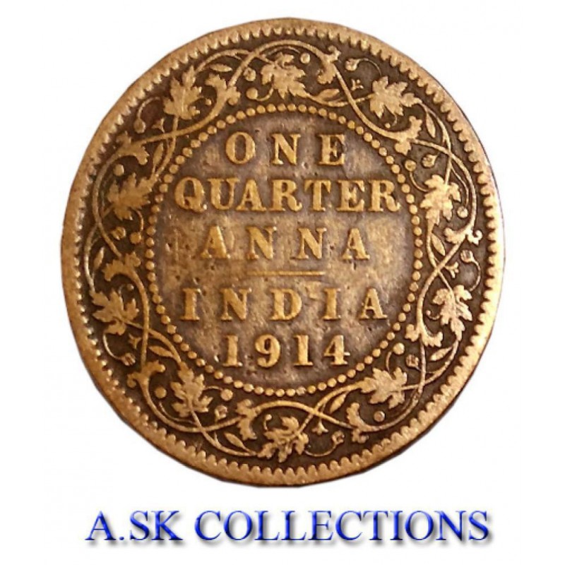 RARE ONE QUARTER ANNA YEAR 1914 GEORGE V KING EMPEROR FOR COLLECTION