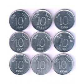 RARE10 paise 9 coins set mixed years for collection