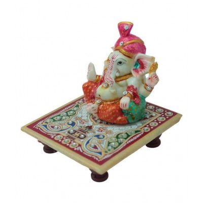 R.K. Global Marble Handicraft Pooja Chowki with Pagdi Ganesh ji Idol (Multicolor,4x4Inch)