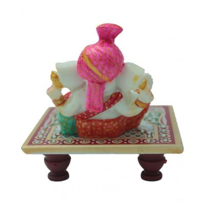 R.K. Global Marble Handicraft Pooja Chowki with Pagdi Ganesh ji Idol (Multicolor,4x4Inch)